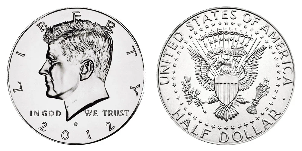 2012 Kennedy Half Dollar obverse and reverse showing the NIFC design with mint mark above the date