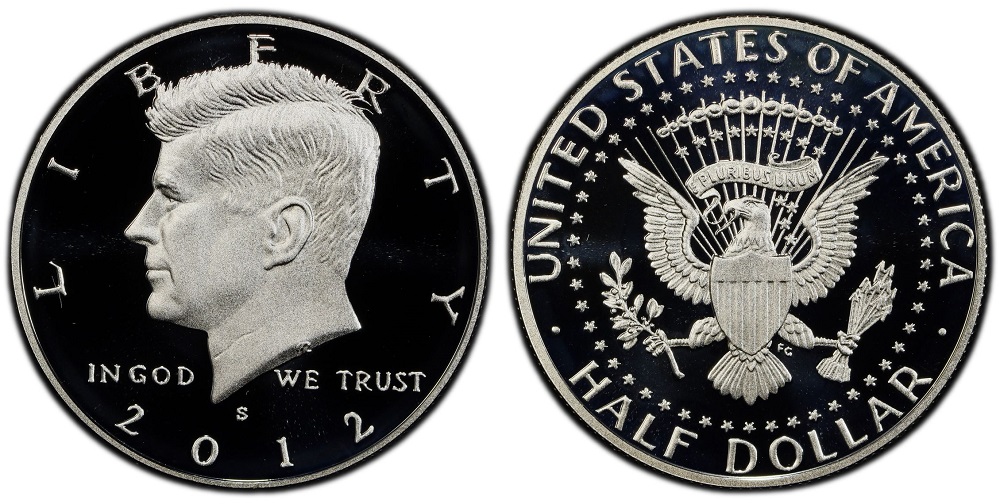 Side-by-side comparison of 2012-S clad proof Kennedy half dollar versus the rarer 2012-S Silver DCAM proof showing the differences in appearance and finish